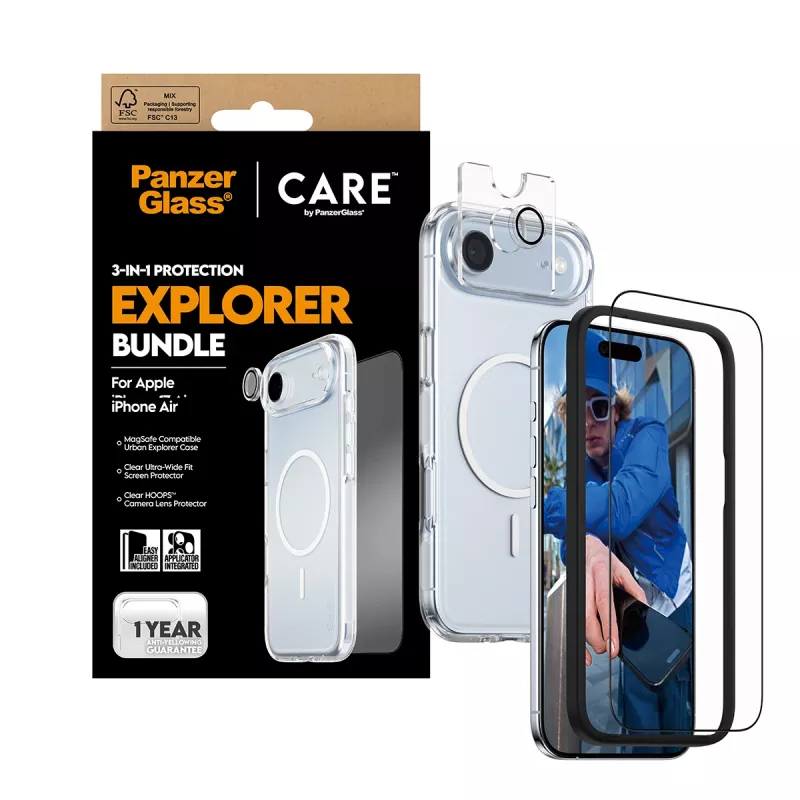 Ekraanikaitsekomplekt PanzerGlass 3‑in‑1 Explorer Set CR66372 iPhone 17 Air jaoks (karastatud klaas, kaamerakaitse, puhastusvahendid)