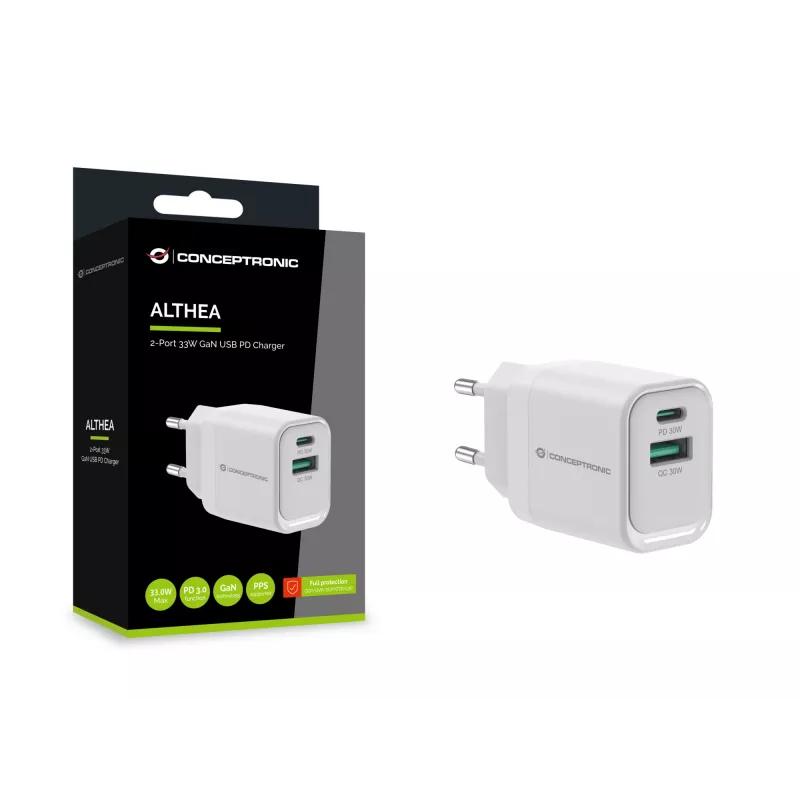 Conceptronic ALTHEA19W33 2-pordiline 33 W GaN USB PD laadija, USB-C x 1, USB-A x 1, QC 3.0, PPS, PD 3.0