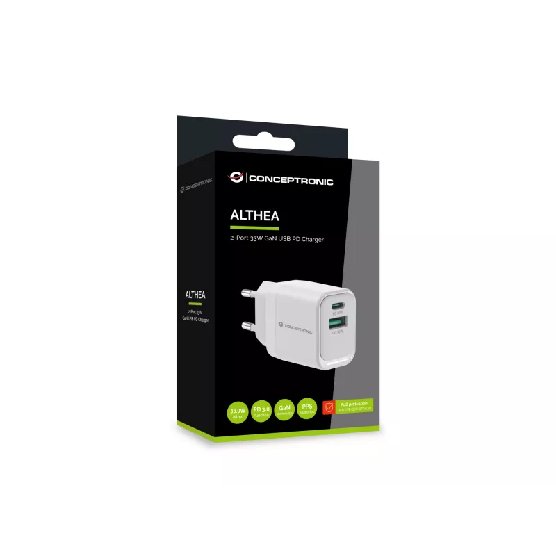 Conceptronic ALTHEA19W33 2-pordiline 33 W GaN USB PD laadija, USB-C x 1, USB-A x 1, QC 3.0, PPS, PD 3.0