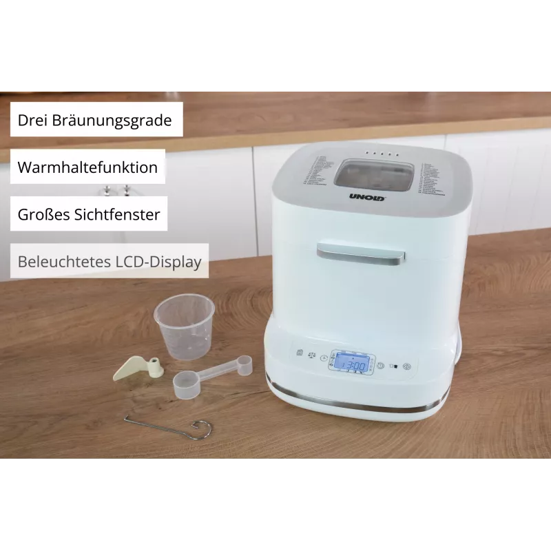 Leivaküpsetaja Unold Esge Backmeister Bernd 68120 — 550 W, max päts 1 kg, valge, plastkorpus