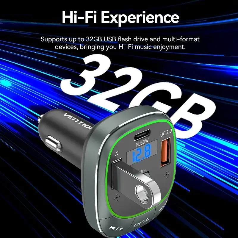 Vention 3-pordiline USB-autolaadija (USB-C + 2× USB-A) 30W/18W/5W must