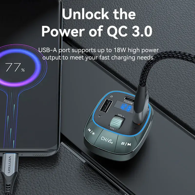 Vention 3-pordiline USB-autolaadija (USB-C + 2× USB-A) 30W/18W/5W must