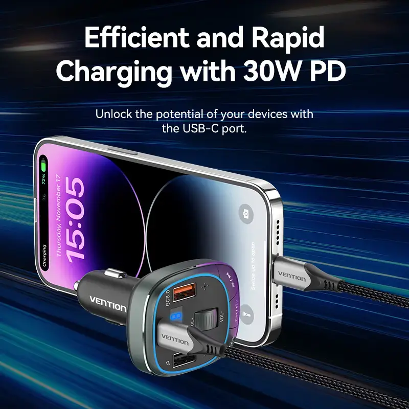 Vention 3-pordiline USB-autolaadija (USB-C + 2× USB-A) 30W/18W/5W must