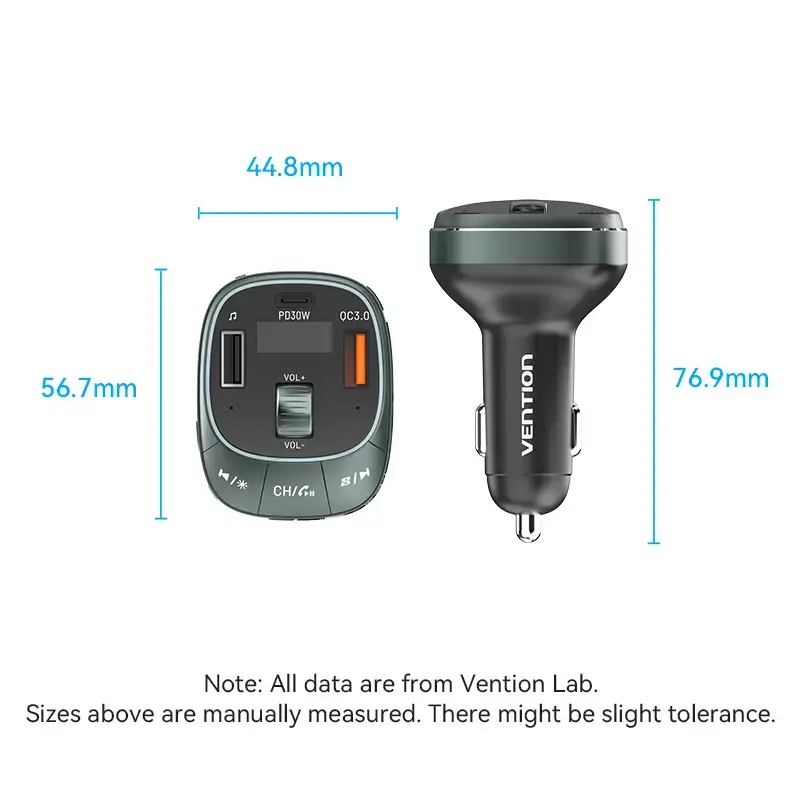 Vention 3-pordiline USB-autolaadija (USB-C + 2× USB-A) 30W/18W/5W must