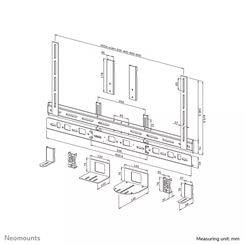 Videobaarikinnitus Neomounts AV30-500BL 43–110-tollistele kuvaritele — VESA kuni 800×600, max 10 kg, laius 900 mm