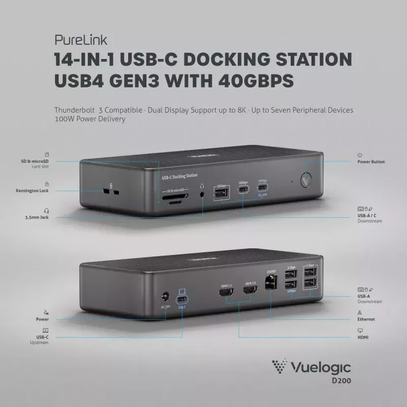 Sülearvuti dokkimisjaam PureLink VL-D200 juhtmega ühenduvusega Hall USB Power Delivery HDMI 2.0
