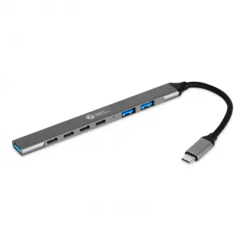USB-C Hub 7-in-1 BakkerElkhuizen BNECHUB3A4C — 7 porti (USB 3.2 Gen1 A, USB 3.2 Gen1 C, USB 2.0), alumiiniumkorpus, hall/must