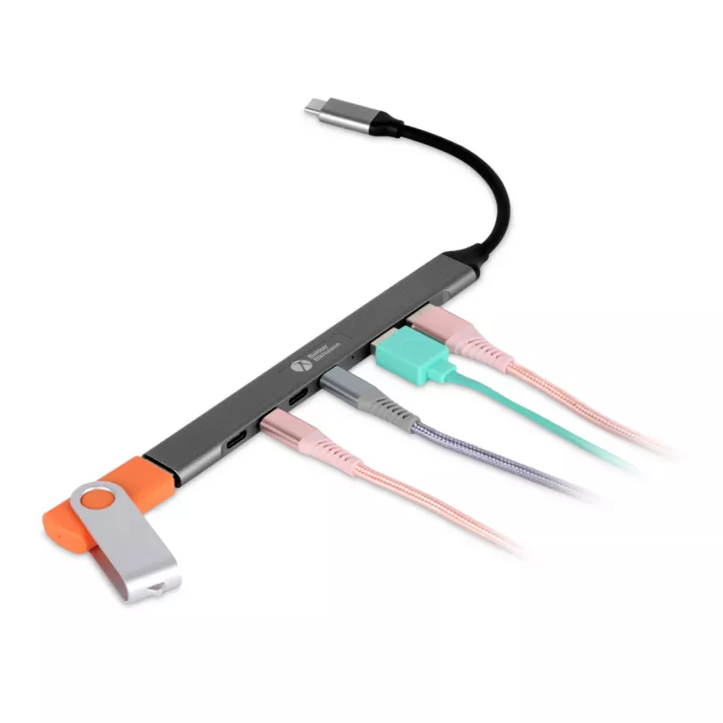 USB-C Hub 7-in-1 BakkerElkhuizen BNECHUB3A4C — 7 porti (USB 3.2 Gen1 A, USB 3.2 Gen1 C, USB 2.0), alumiiniumkorpus, hall/must