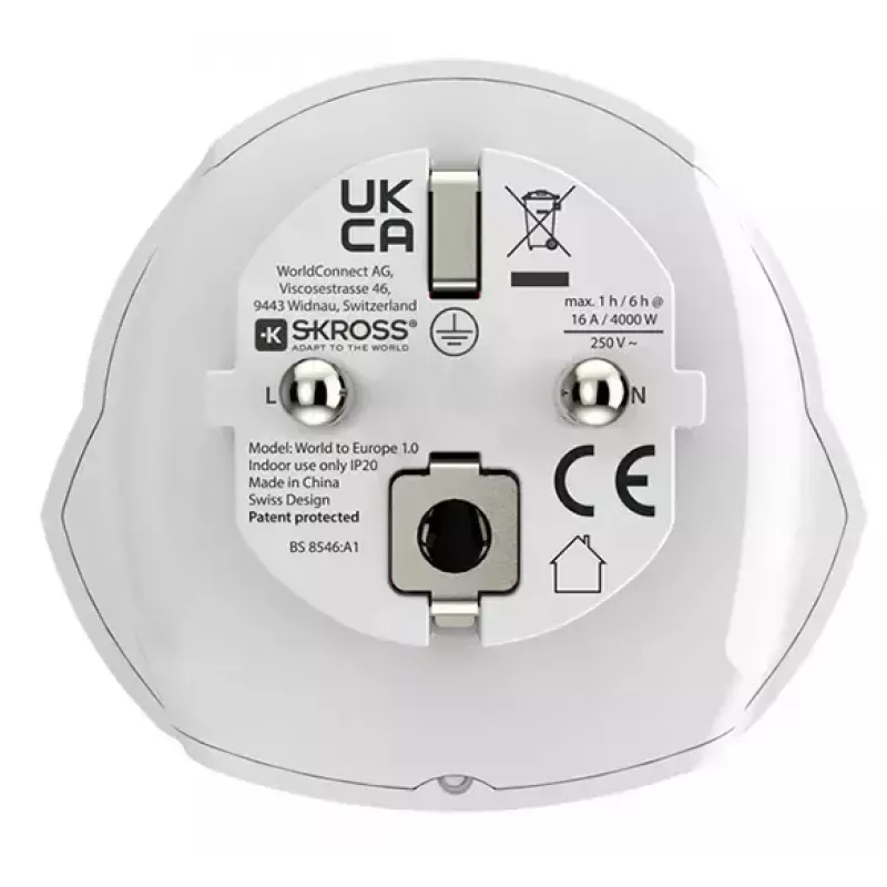 Reisiadapteri pistik SKROSS World to Europe — universaalne sisend Euroopa pistikupessa, valge, 64×58×47 mm