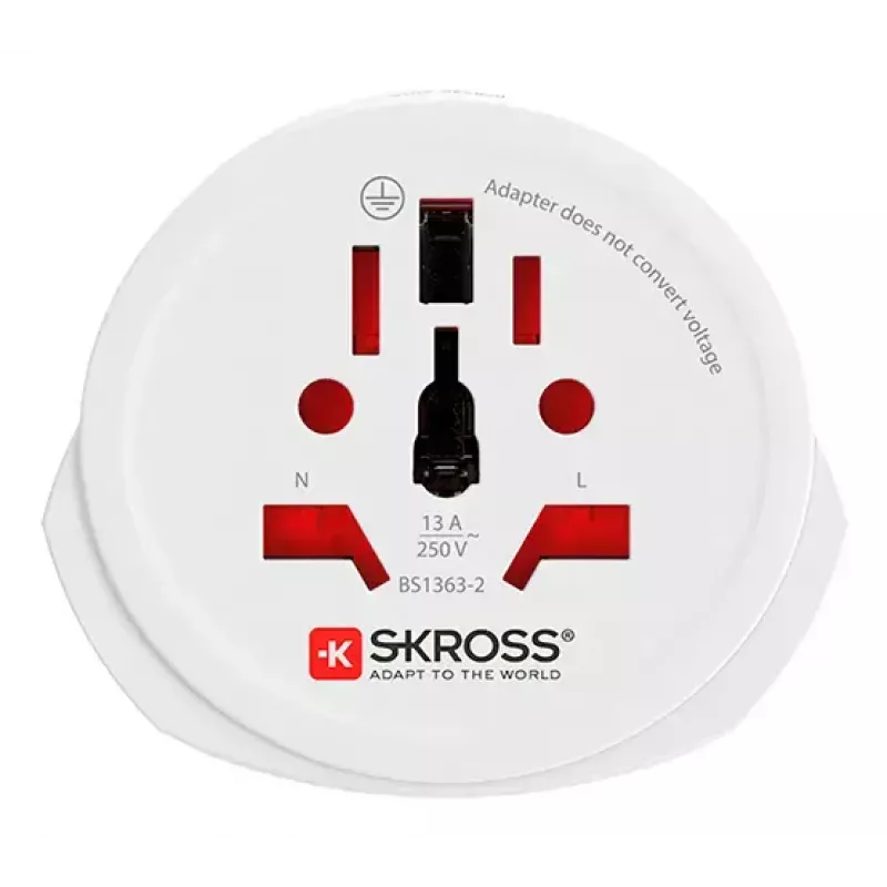 Reisiadapteri pistik SKROSS World to Europe — universaalne sisend Euroopa pistikupessa, valge, 64×58×47 mm