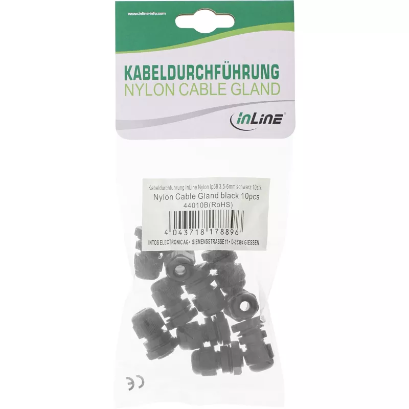 InLine kaabel Gland nylon IP68 3,5 - 6 mm must 10 tk, neopreen, nailon, must, 43 g, 80 mm, 120 mm, 25 mm