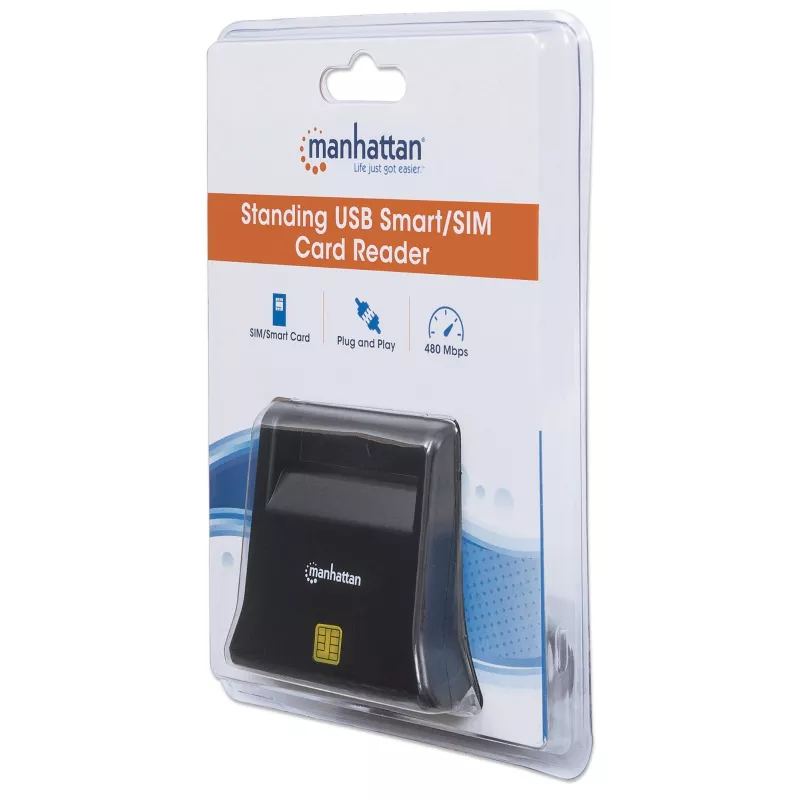 Manhattan USB-A Smart/SIM-kaardilugeja, 480 Mbps (USB 2.0), laual seisev, hõõrdetüüpi ühilduv, Hi-Speed USB, kaabel 86 cm, must, kolmeaastane garantii