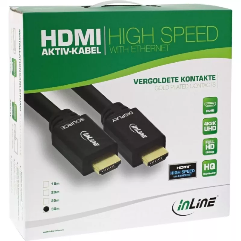 InLine aktiivne High Speed HDMI-kaabel Ethernetiga, isane-isane, must, kullatud kontaktid, 30 m