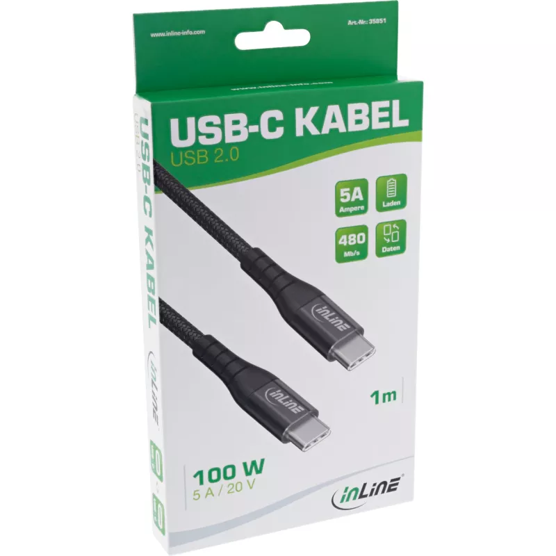 InLine USB 2.0 kaabel, USB-C isane/isane 100W kiirlaadimiskaabel, 1m