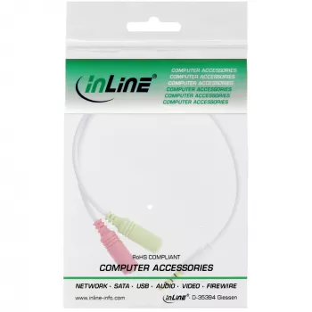 InLine Audio peakomplekti adapterkaabel 3,5 mm isane 4 kontaktiga / 2x 3,5 mm, valge, 0,15 m