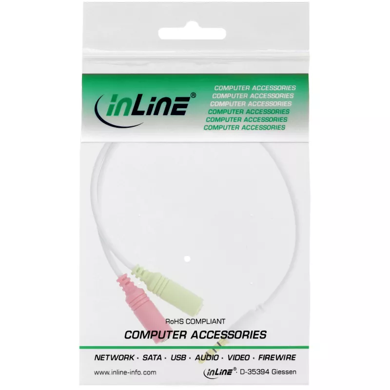 InLine Audio peakomplekti adapterkaabel 3,5 mm isane 4 kontaktiga / 2x 3,5 mm, valge, 0,15 m