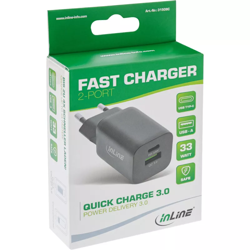 InLine USB toiteplokk, laadija, USB-A + USB USB-C, 33 W, PD + QC