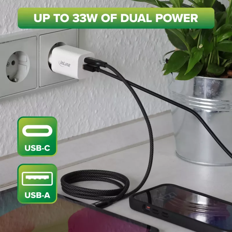 InLine USB toiteplokk, laadija, USB-A + USB USB-C, 33 W, PD + QC