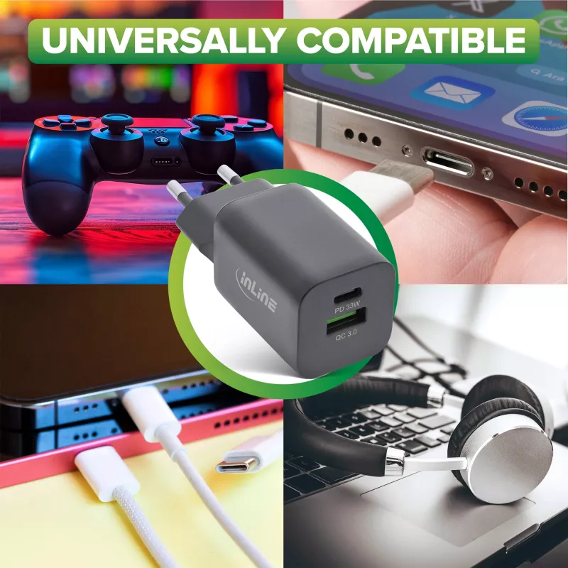 InLine USB toiteplokk, laadija, USB-A + USB USB-C, 33 W, PD + QC