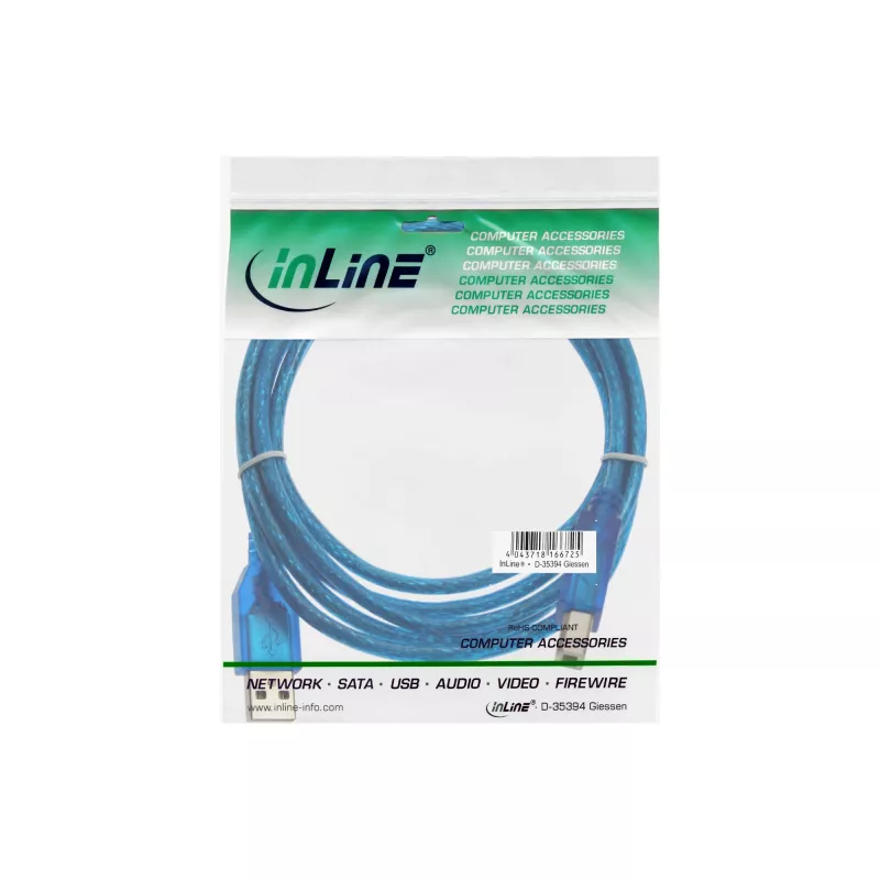 InLine USB 2.0 kaabel, tüüp A-pistik / tüüp B, sinine läbipaistev, 3 m