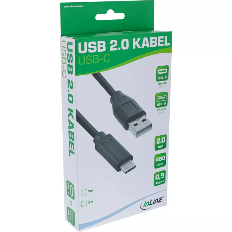 InLine USB 2.0 kaabel, USB-C isane / USB-A isane, must, 3 m