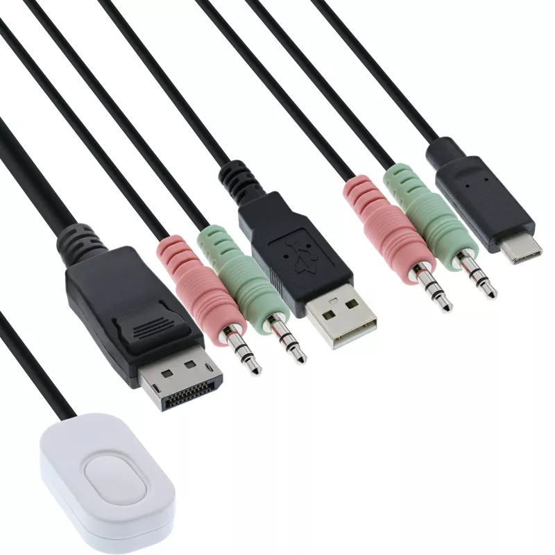 InLine KVM-lüliti, 2 pordiga, USB-C+DP DisplayPortile, 4K, heli, integreeritud kaabel