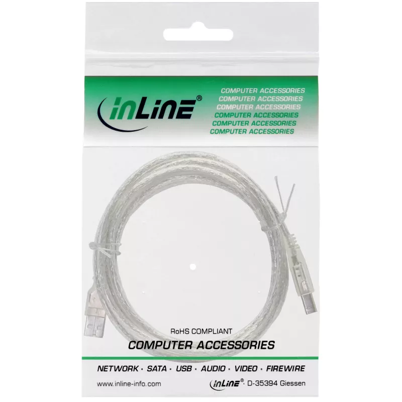 InLine USB 2.0 kaabel Type A-pistik / B-pistik, läbipaistev, 0,3 m