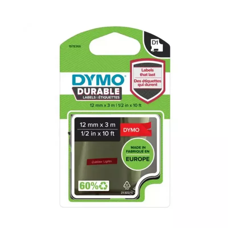 DYMO Authentic D1 vastupidavad sildid | Must trükis punasel lindil | 12 mm x 3 m | Märgistuslint LabelManager märgistusseadmetele