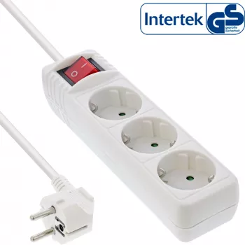 InLine pistikupesade jaotur, 3-kohaline maanduskontakt CEE 7/3, lülitiga, valge, 1,5 m