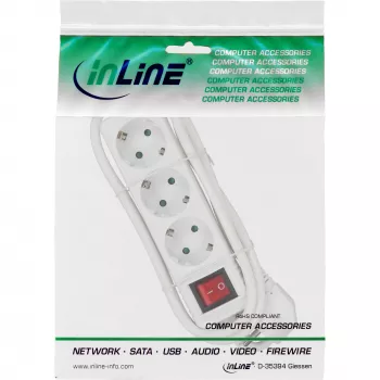 InLine pistikupesade jaotur, 3-kohaline maanduskontakt CEE 7/3, lülitiga, valge, 1,5 m