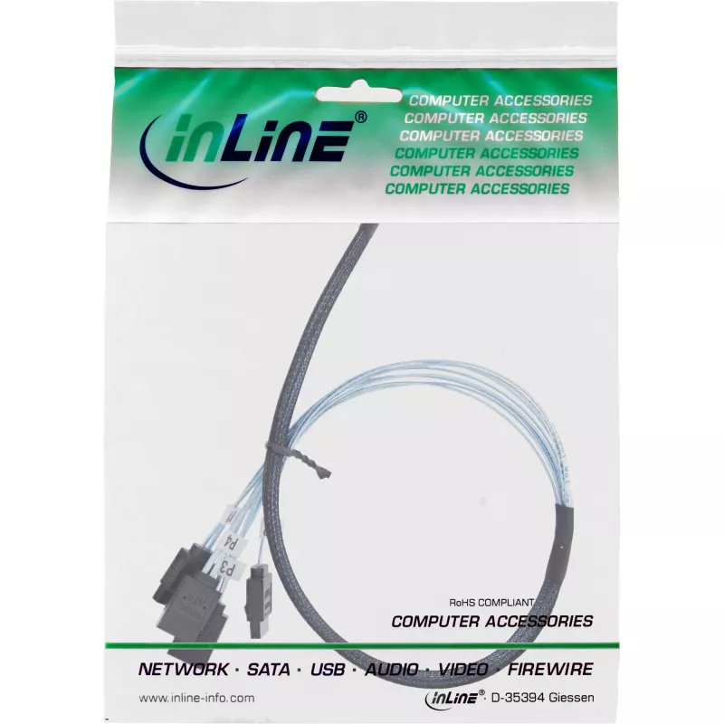InLine õhuke SAS kaabel, SFF-8654 kuni 4x SATA 7-pin, 12Gb/s, 0,5m