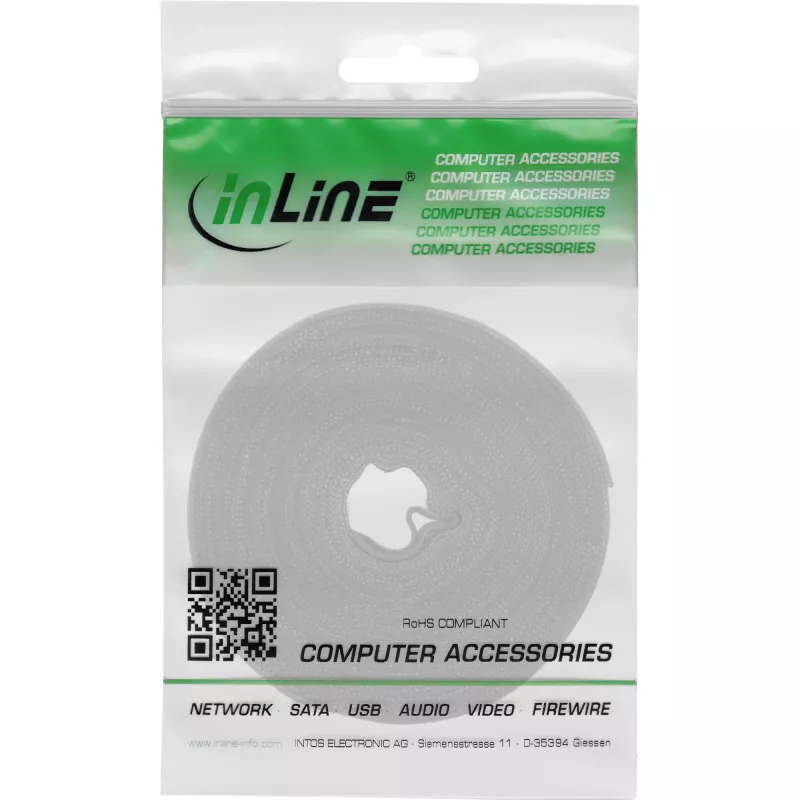 Kaabliside Velcro teip InLine 10 m × 16 mm valge — korduvkasutatav takjakinnitusega kaablirihm