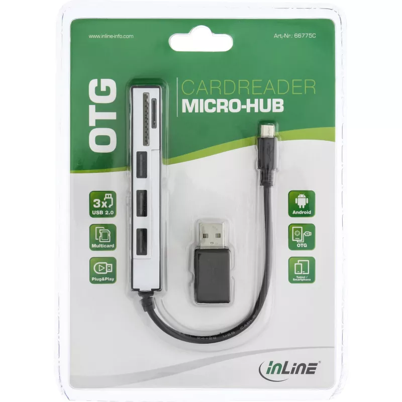 InLine USB OTG kaardilugeja ja 3 pordiga USB 2.0 jaotur SDXC ja microSD jaoks + adapter