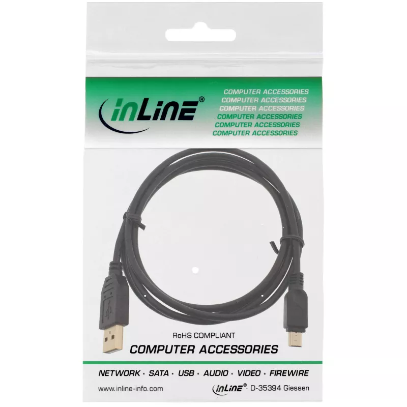 InLine USB 2.0 Mini-kaabel, A-tüüpi isane / mini-B-pistik (5 kontaktiga), must/kuldne, 2 m