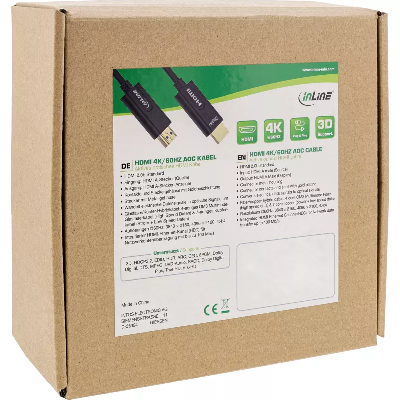 InLine HDMI AOC kaabel, High Speed HDMI koos Ethernetiga, 4K/60Hz, M/M 10m