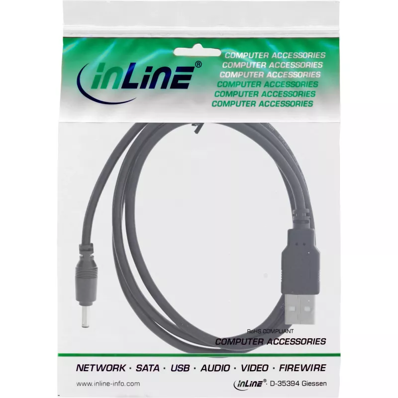 InLine adapterkaabel, USB A-pistik pistik - DC 5.5x2.10mm pistik, must, 1m