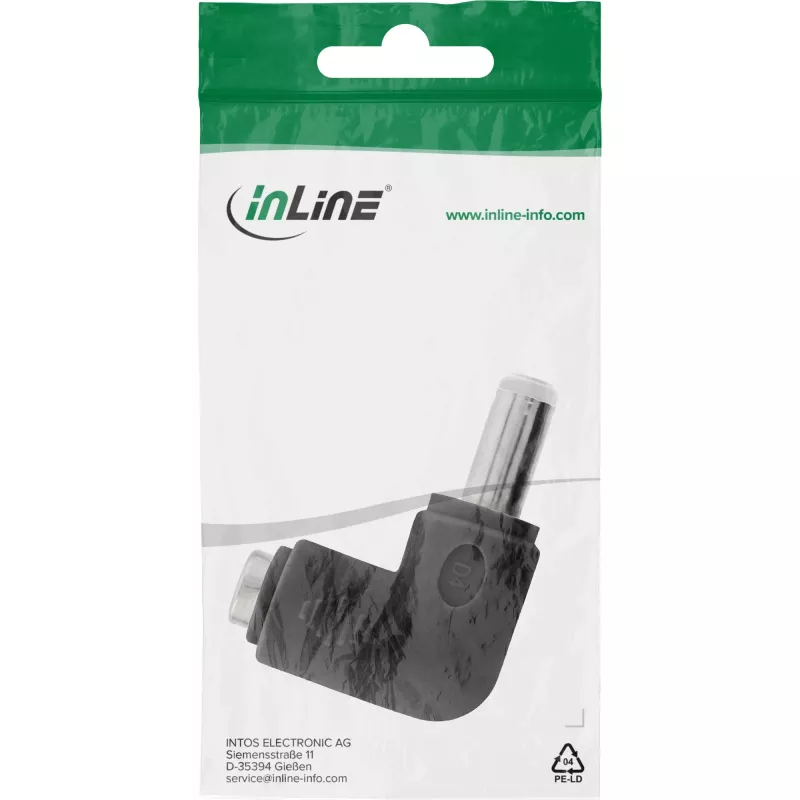 DC adapter InLine 5.5×2.5 mm nurkpistik isane–emane, 5 V sisend, siseruumides, must