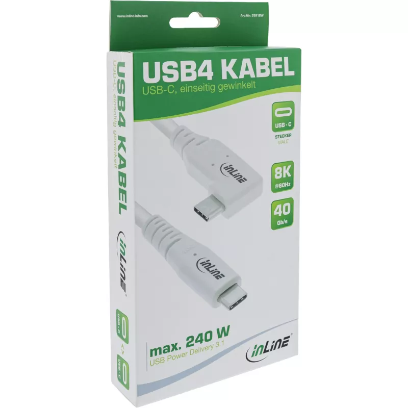 InLine USB4 kaabel, USB-C, üks ots nurgeline, PD 240W, 8K60Hz, TPE, valge, 2m