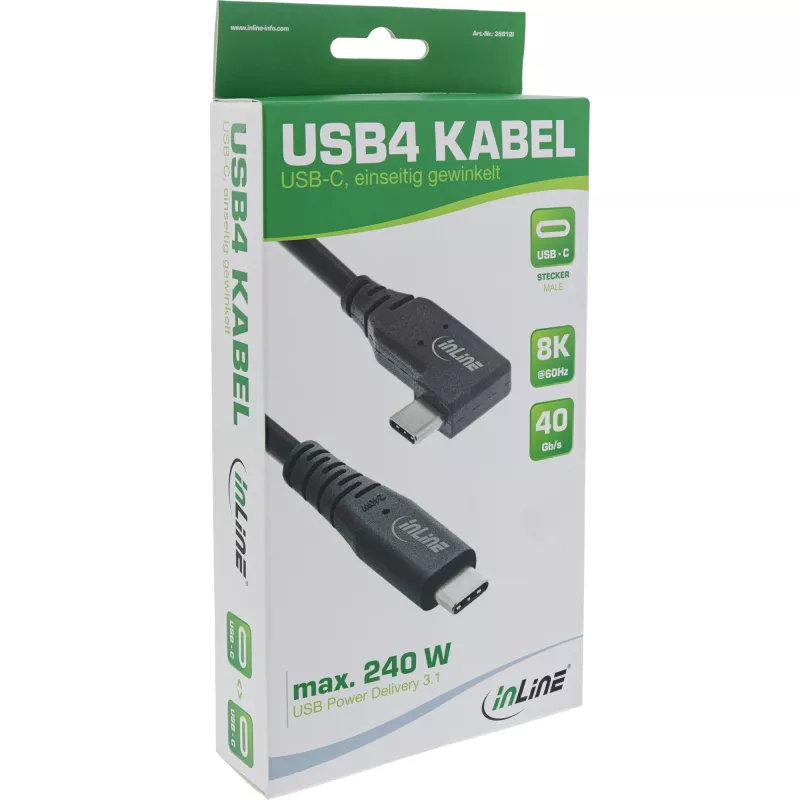 InLine USB4 kaabel, USB-C, ühepoolne nurgaga, PD 240W, 8K60Hz, TPE, must, 1 m