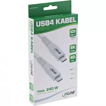 InLine USB4-kaabel, USB-C isane/isane, PD 240W, 8K60Hz, TPE, valge, 0,5 m