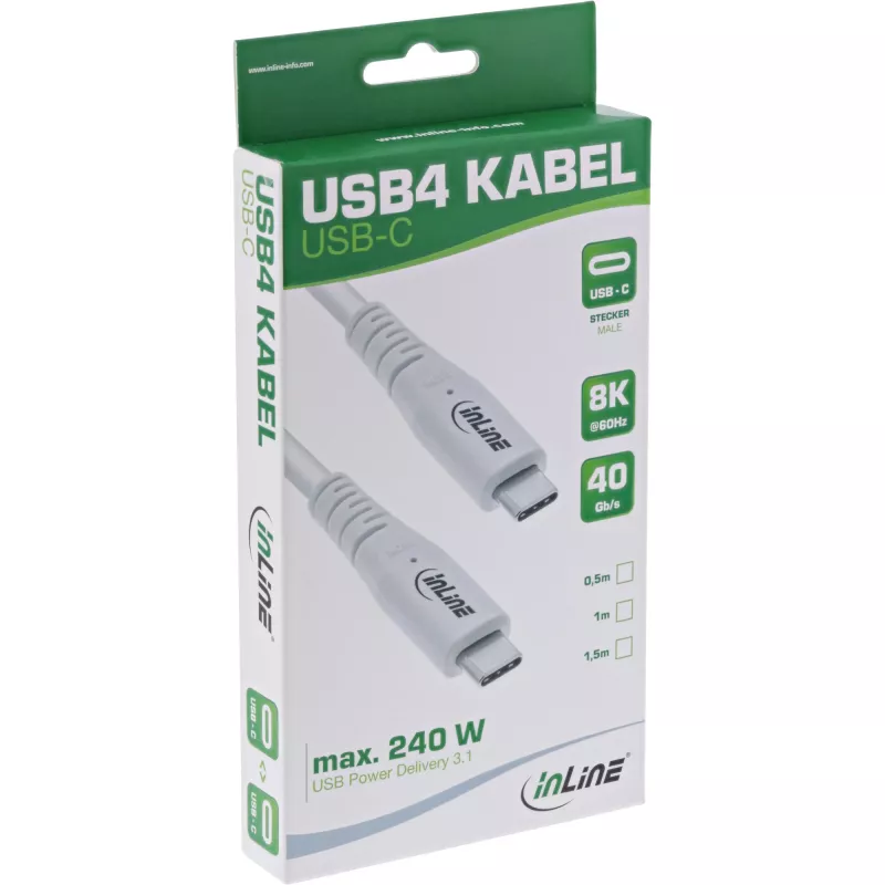 InLine USB4-kaabel, USB-C isane/isane, PD 240W, 8K60Hz, TPE, valge, 2m