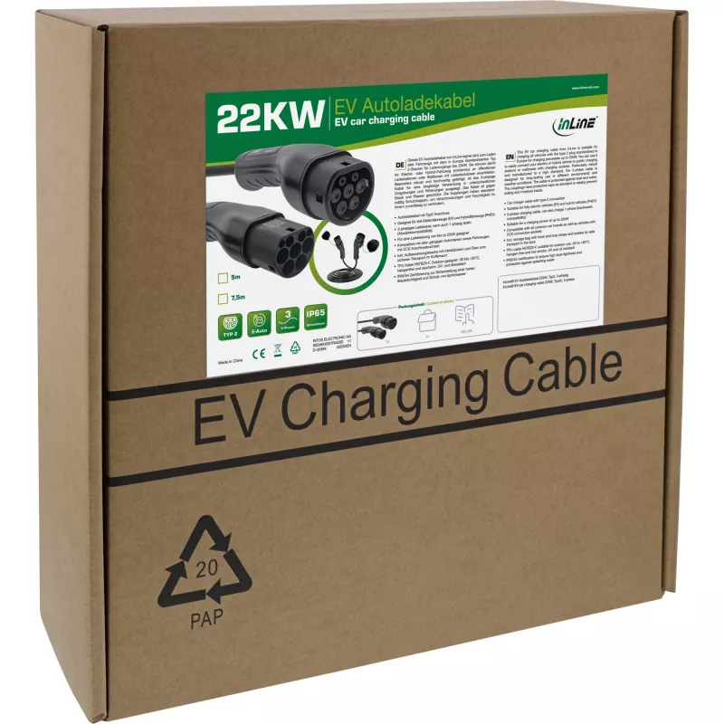 InLine EV auto laadimiskaabel 22kW Type2, 3-faasiline, 7,5m