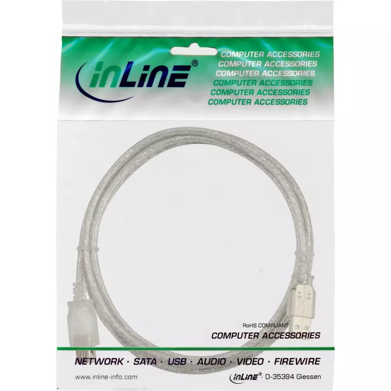 USB 2.0 pikenduskaabel Type A M/F InLine 34618 2m läbipaistev
