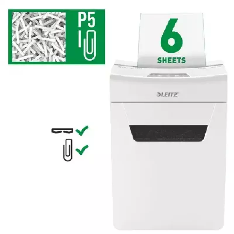 Paberipurustaja LEITZ IQ Protect Premium 6M P5 — Mikrolõikus, 18 L, puutetundlik juhtimine, 351×204×355 mm