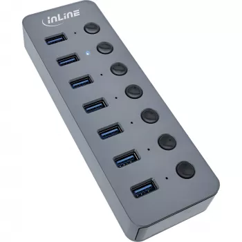 InLine USB 3.2 Gen.1 jaotur, 7 pordiga, lülitiga, alumiinium, hall, toiteplokiga