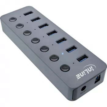 InLine USB 3.2 Gen.1 jaotur, 7 pordiga, lülitiga, alumiinium, hall, toiteplokiga