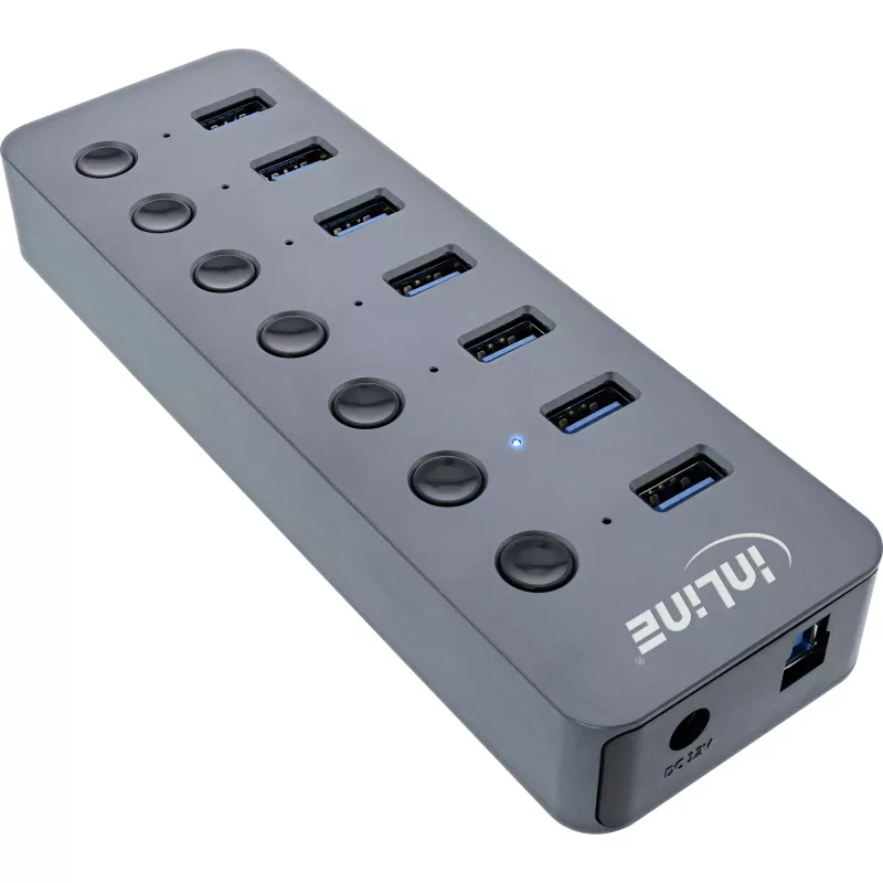 InLine USB 3.2 Gen.1 jaotur, 7 pordiga, lülitiga, alumiinium, hall, toiteplokiga