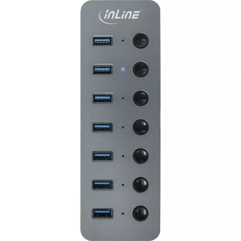 InLine USB 3.2 Gen.1 jaotur, 7 pordiga, lülitiga, alumiinium, hall, toiteplokiga