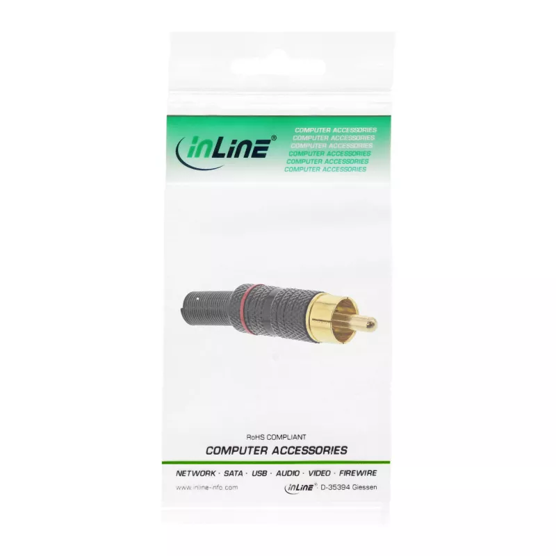 InLine RCA metallist isane pistik jootmiseks, must, punane rõngas, 6mm kaablile