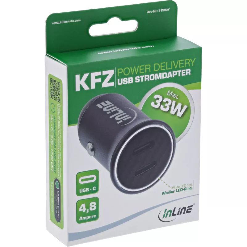 InLine USB auto laadijaadapter toiteedastus, 2x USB-C, must